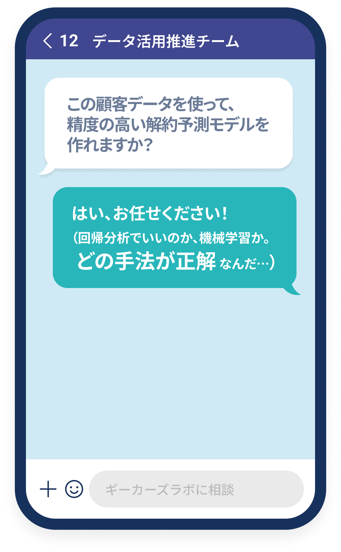 どの分析手法を選ぶべきか迷っている様子を示すチャット画面のイラスト